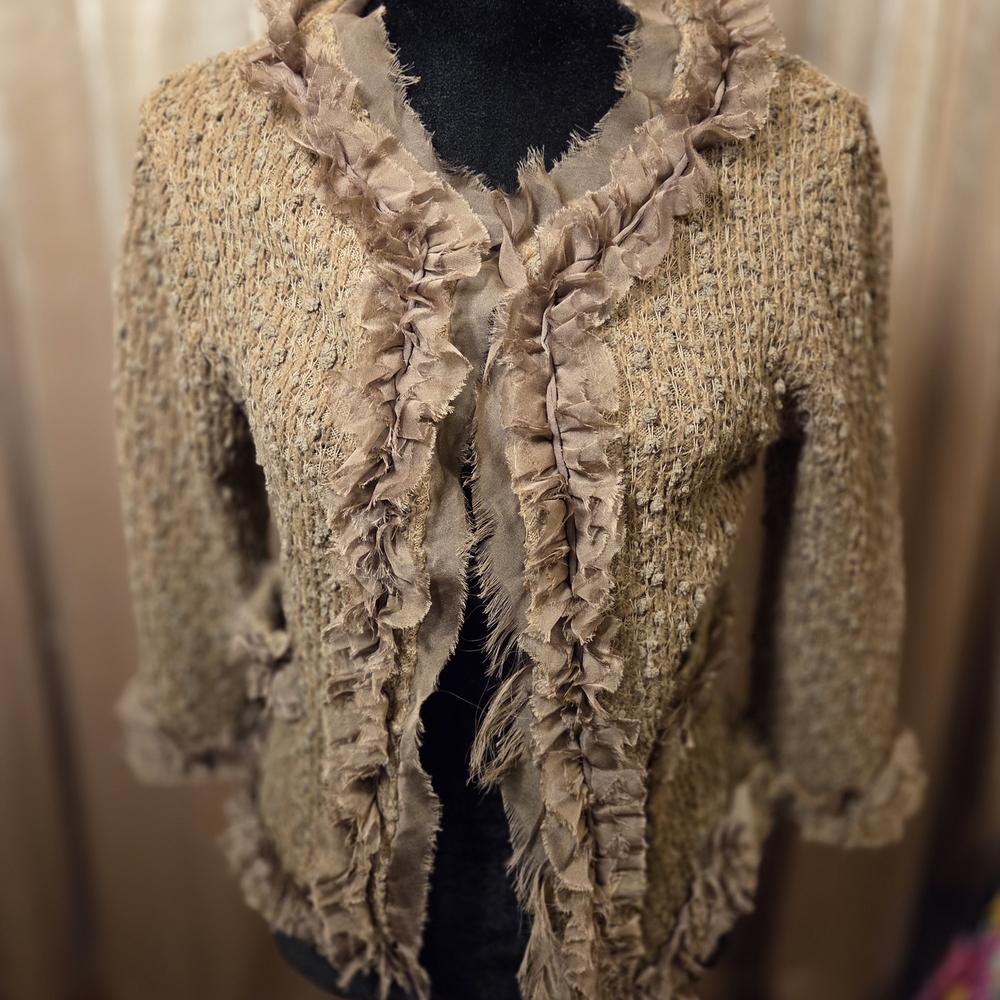 A'Reve Tan Cardigan with Ruffle Detail